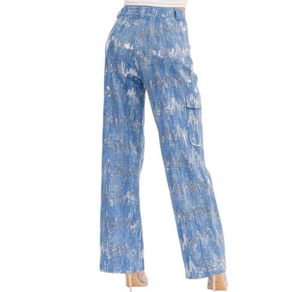 Hot & Delicious Wide Leg Sequin Cargo Denim - Picture 2 of 4